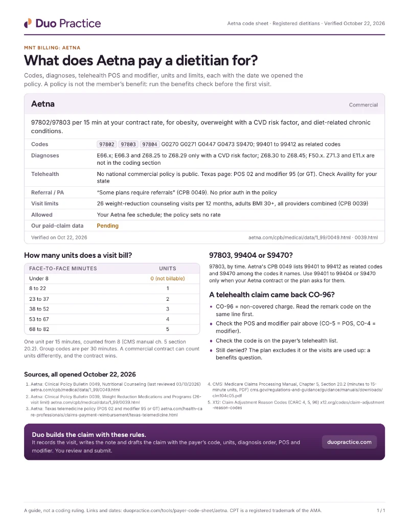 Page one of the Aetna code sheet