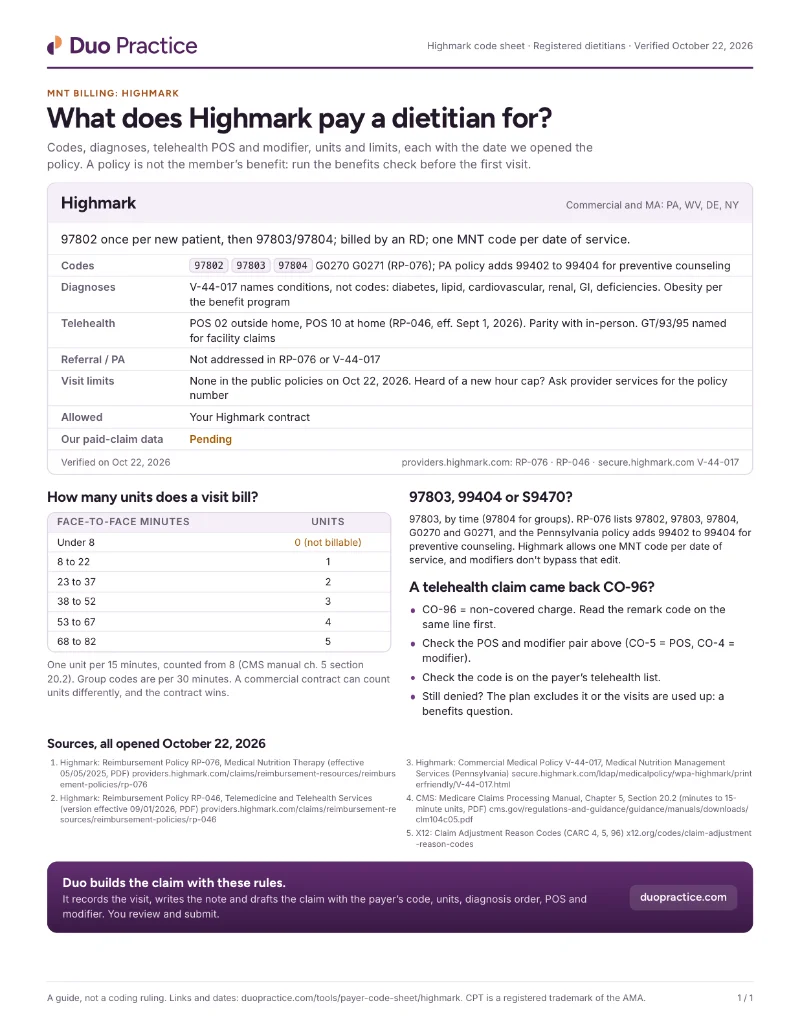 Page one of the Highmark code sheet