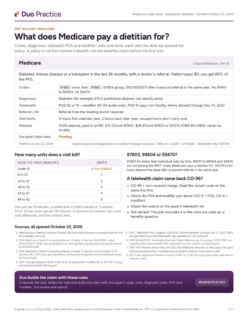 Page one of the Medicare code sheet