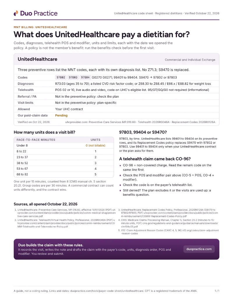Page one of the UnitedHealthcare code sheet