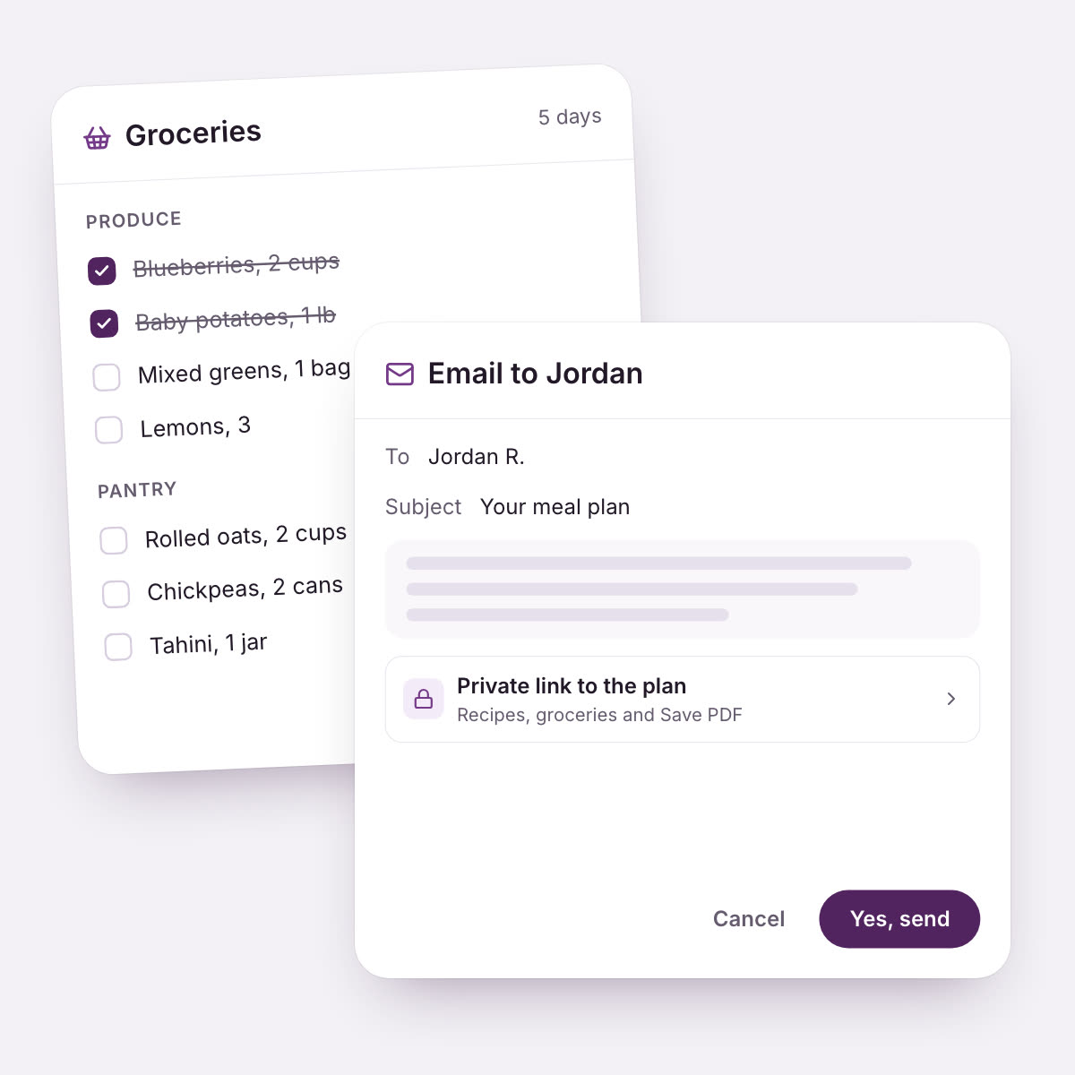 The plan's grocery list by aisle, two items checked off, and an email to the client with a private link to the plan, waiting on a Yes, send button.